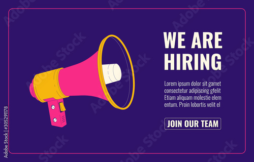 Hiring banner. Loudspeaker illustration. Human resources, recruiting company landing page template