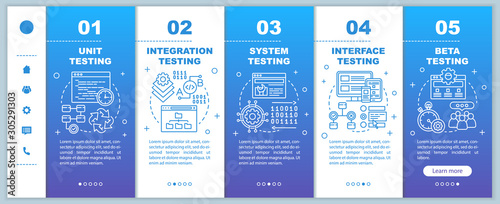 Functional software testing blue onboarding mobile web pages vector template. Responsive smartphone website interface idea with linear illustrations. Webpage walkthrough step screens. Color concept