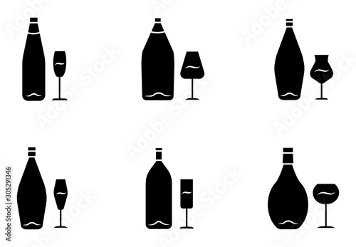 Wine glyph icons set. Bottle and wineglass. Alcoholic beverage. Restaurant service. Glassware for red, white, dessert wine and champagne. Silhouette symbols. Vector isolated illustration