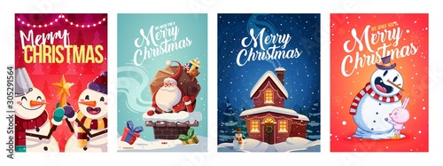 Set of Merry Christmas and Happy new Year greeting cards design with Christmas characters. Vector illustration
