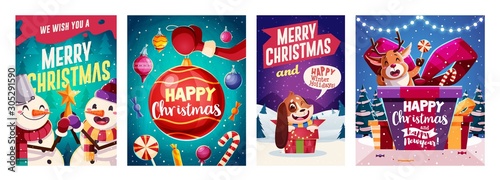 Set of Merry Christmas and Happy new Year greeting cards design with Christmas characters. Vector illustration