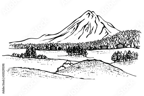 Mountain Landscape  forest. Nature. Sketch. Hand drawn vector Illustration