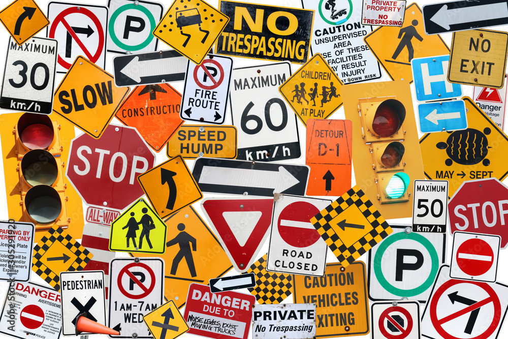 A collection of traffic, caution, driving and street signs montage with ...