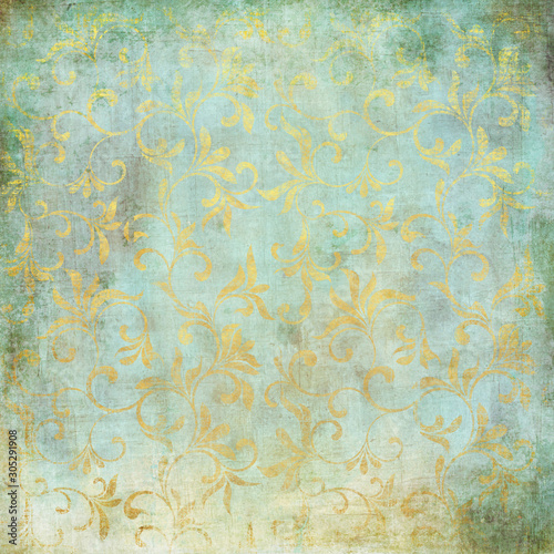 Εκτύπωση καμβά Grunge green background with gold foil leaf pattern