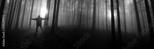 one alone man in a dark foggy forest © Vera Kuttelvaserova