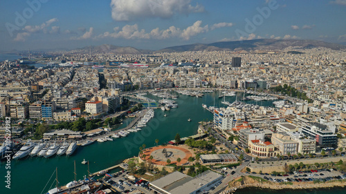 Aerial drone photo of iconic round port of Marina Zeas or Pasalimani with boats  yachts and sail boats docked  port of Pireas   Attica  Greece