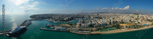 Aerial drone photo of iconic round port of Marina Zeas or Pasalimani with boats, yachts and sail boats docked, port of Pireas , Attica, Greece