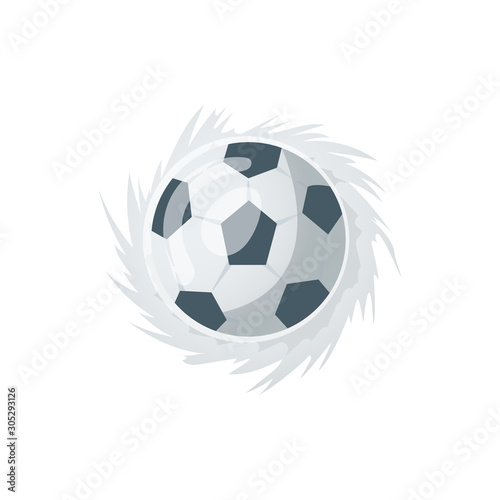 Football or soccer balls with motion trails in black and white for sporting emblems, logo design. Collection of soccer balls with curved color motion trails vector illustrations © the8monkey