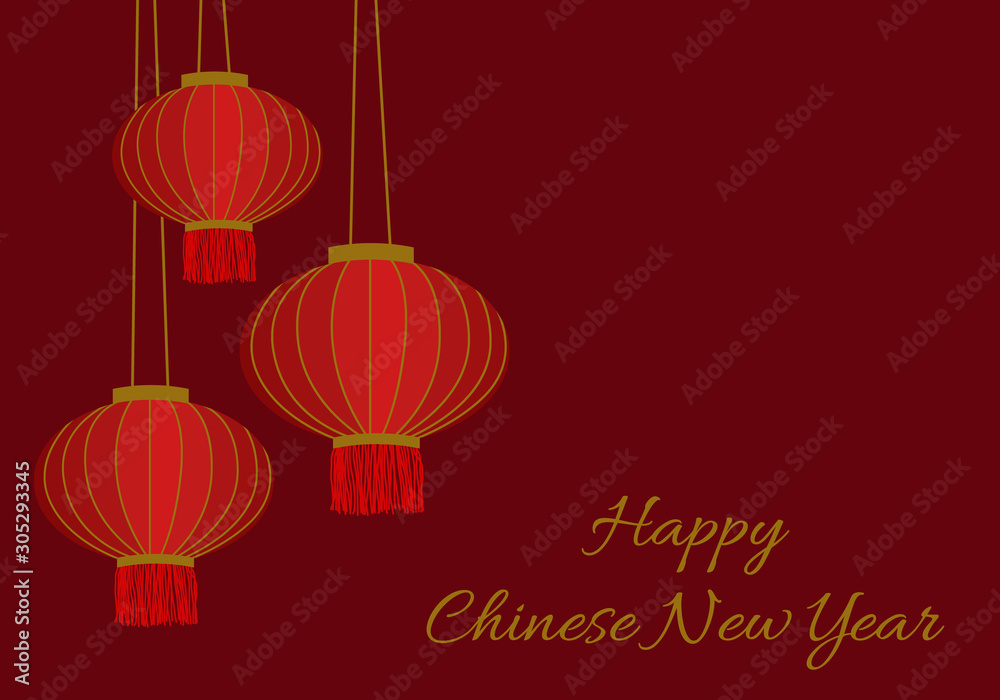 Happy Chinese new year 2020 holidays greeting card with traditional red paper chinese lanterns. Banner, poster template. Gold color text on dark red background. Festival decoration vector.