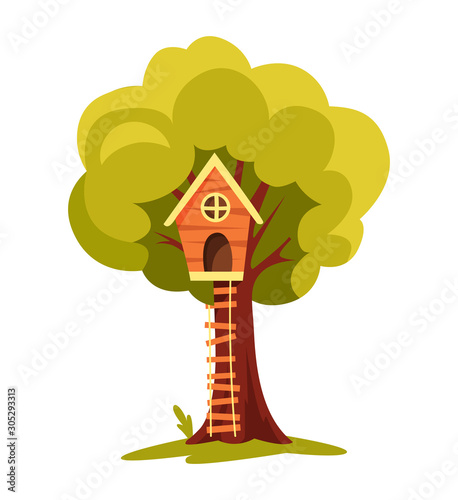 Tree house. Children playground with swing and ladder. Flat style vector illustration. Tree house for playing and parties. House on tree for kids. Wooden town, rope park between green foliage