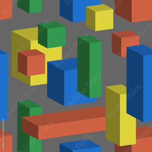 Seamless vector background with multicolored cubes and cuboid in 3D isometric style. Geometric pattern. Yellow, red, green and blue childern building block 