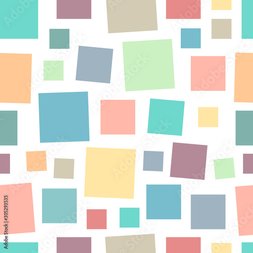 Geometrical seamless pattern with various multicolored square shapes in pastel colors. Colorful vintage mosaic, white background. Vector eps10 illustration for fabric, wallpaper