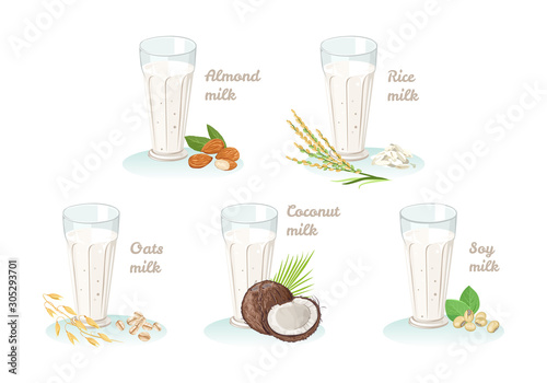 Vegan milk set. Soy, rice, coconut, almond, oat milk in glass cups isolated over white background. Vector illustration of a healthy drink in cartoon flat style.