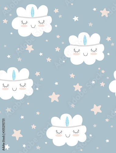 Seamless Vector Pattern with White Fluffy Smiling Clouds on a Light Blue Background. Cute Cloud in the Indian Headband. Simple Nursery Art for Wall Art, Card, Greeting, Invitation, Baby Boy Party. 