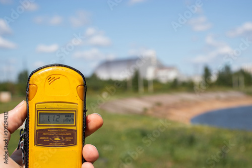 Geiger counter dosimeter measuring radiation in the Chernobyl exclusion zone