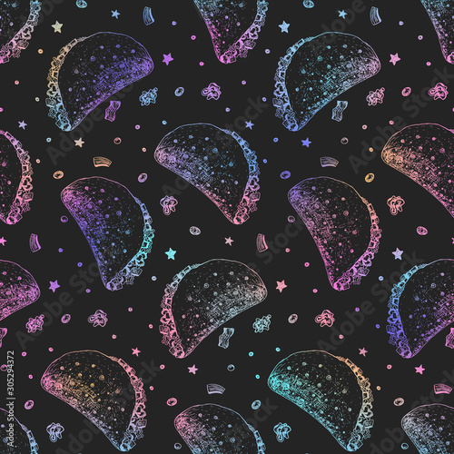 Trendy seamless holographic pattern with colorful outline sketch mexican taco on black background. Galaxy pop art tacos and stars texture for fast food textile, wrapping paper, package, menu banners