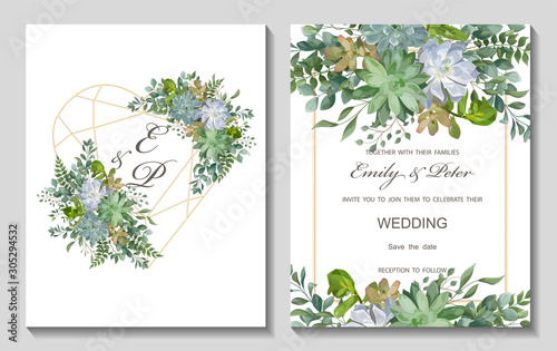Wedding invitation with leaves eucalyptus and Succulent flowers, watercolor, isolated on white. Vector Watercolour.