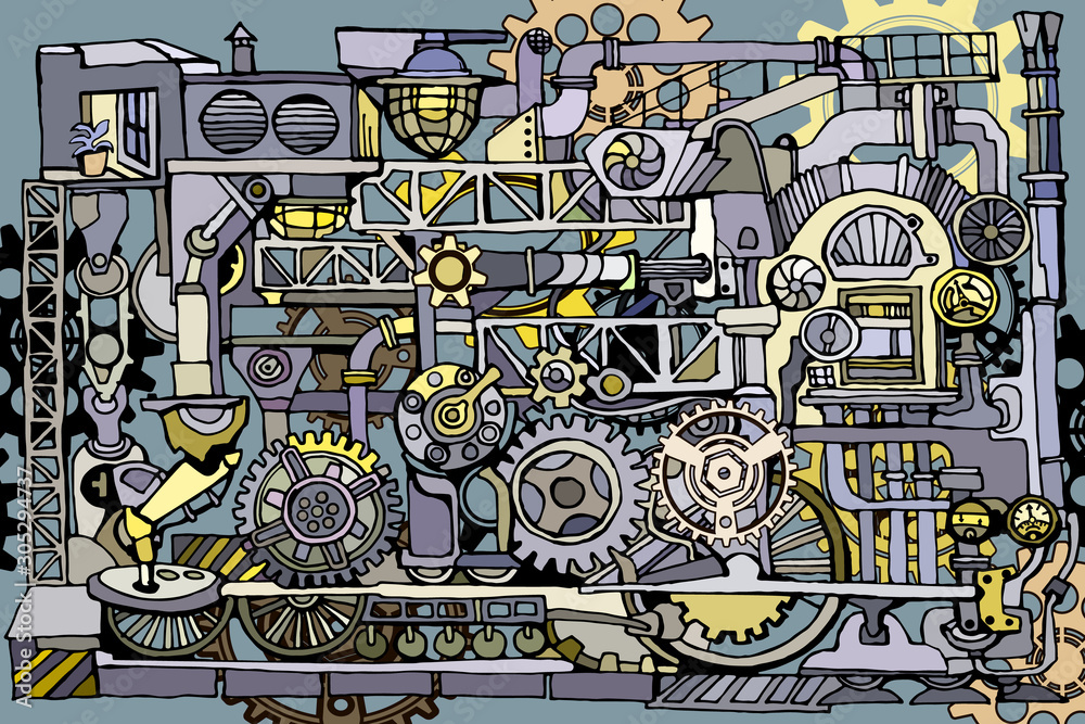 Abstract factory or steampunk vector decorative background with hand-drawn sketch elements featuring fantasy industrial pipes, gearwheels and machines. 
