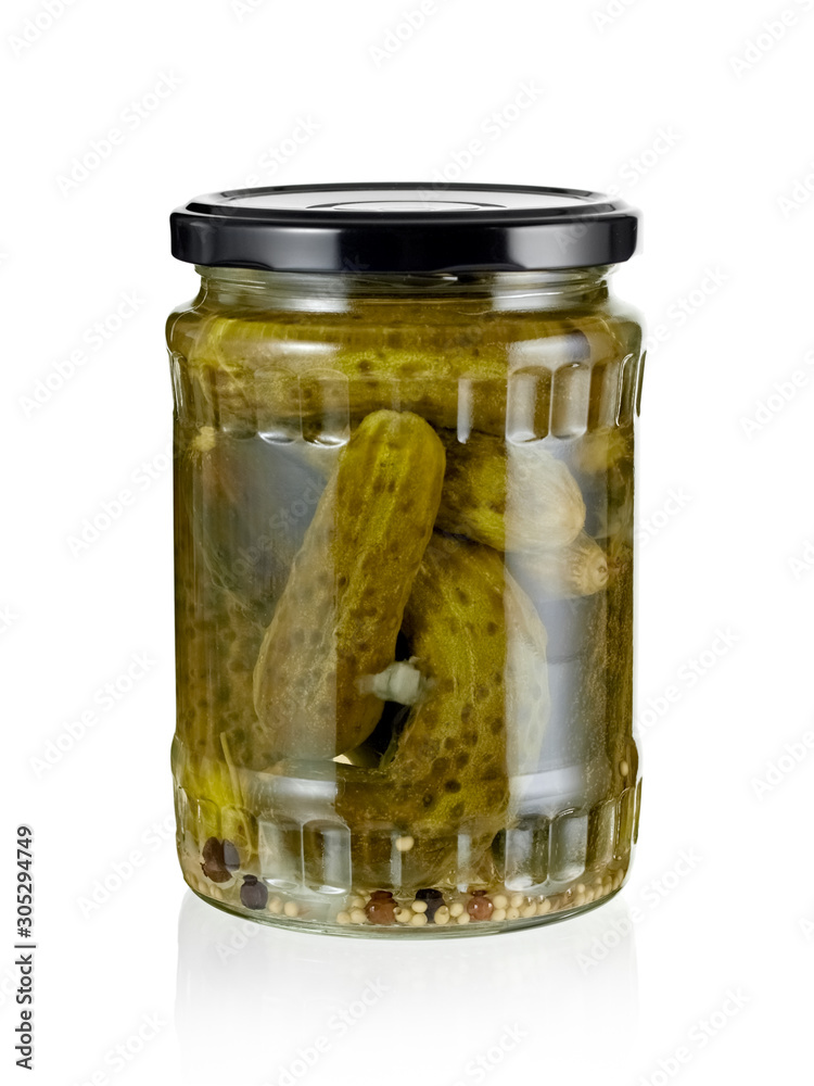 Jar with pickled cucumbers, close up Jar with pickled cucumbers, close up