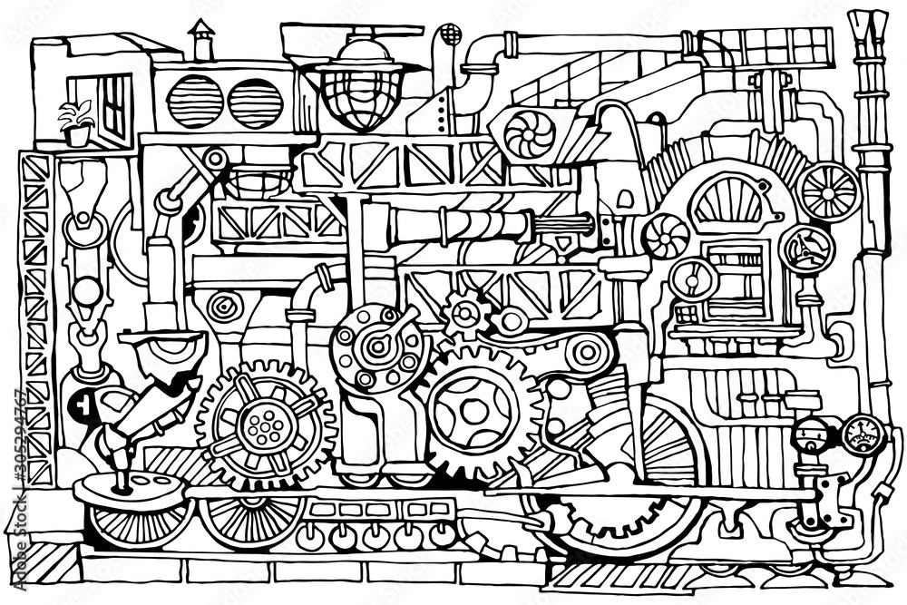 Vector abstract industry or steampunk  black and white background. Technology or factory illustration with decorative industrial sketch elements.  Vintage linear style concept. Hand drawn.