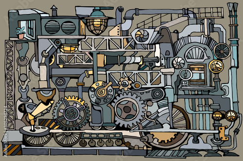 Vector abstract industry or steampunk background. Fantasy technology or factory illustration with decorative machine sketch elements featuring industry concept.  Hand drawn.