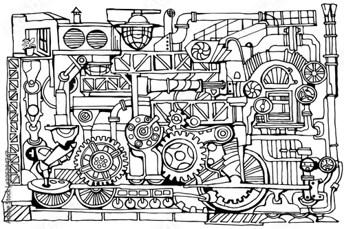 Vector abstract industry or steampunk  black and white background. Technology or factory illustration with decorative industrial sketch elements.  Vintage linear style concept. Hand drawn.