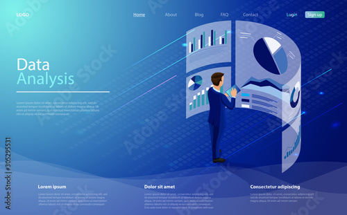 Data analysis concept. Character is standing in front of a big screen with graphs and charts. Financial management concept with businessman. Business analysis concept banner with character and charts