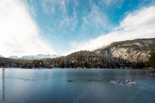 winter wonderland frozen lake in mountains with forest and snow