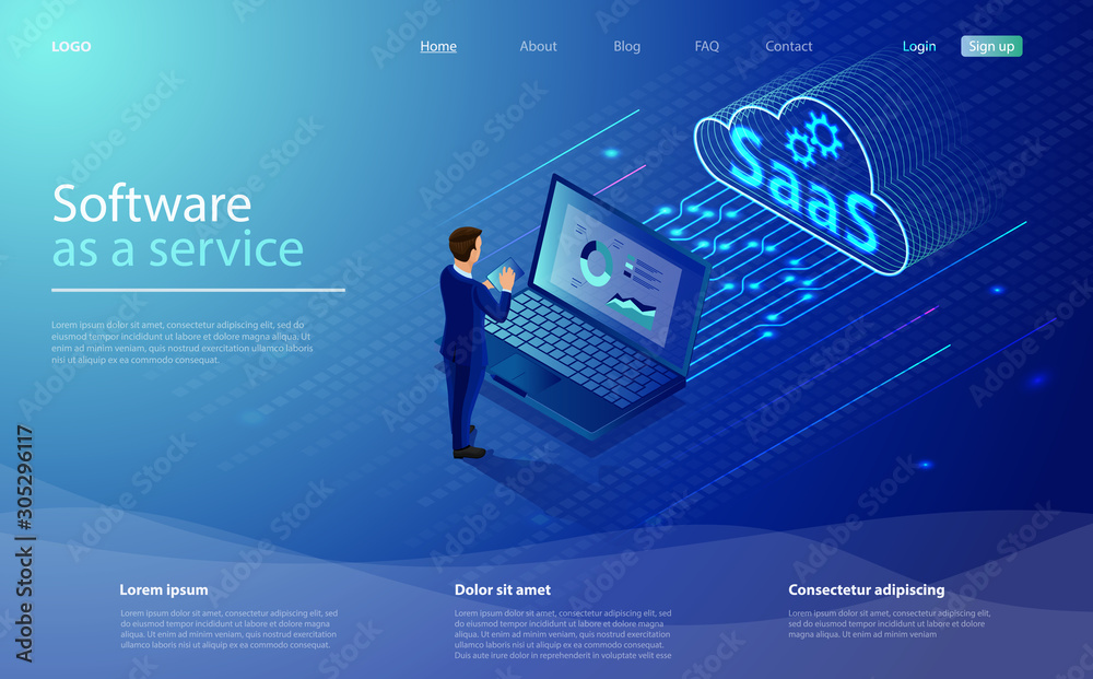 SaaS, software as a service. Cloud software on computers. Cloud software on computers, codes, app server and database. Saas software as a service business concept with character businessman.