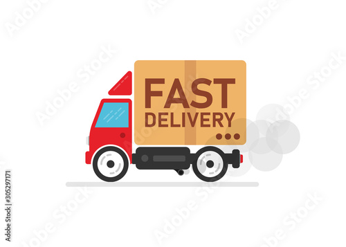 Fast delivery car on white background. Delivery of the product to the client. Vector illustration.