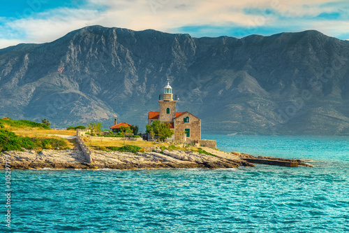 Spectacular lighthouse on the rocky seashore, Sucuraj, Hvar island, Croatia photo