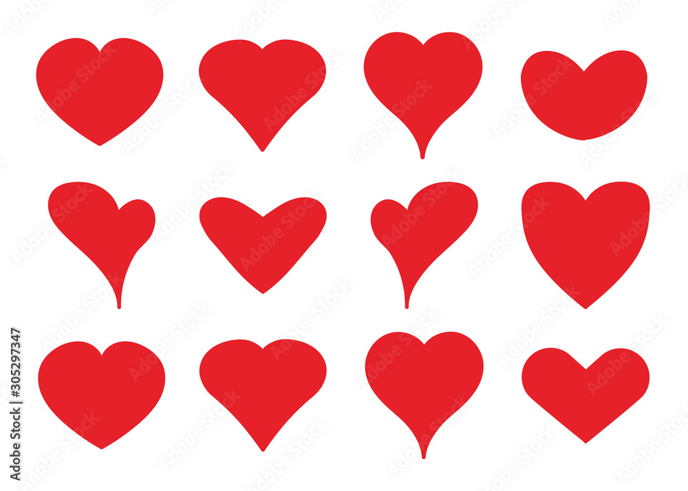 Big set of red hearts of different design on white background. Vector illustration.