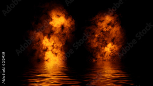 Fire smoke with reflection in water. Texture overlays background