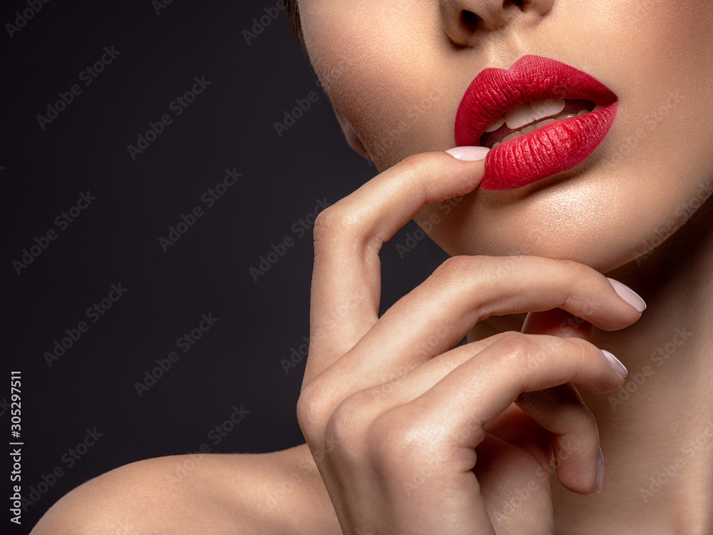 Beautiful  fashion woman with red lipstick. Pretty model. - obrazy, fototapety, plakaty 