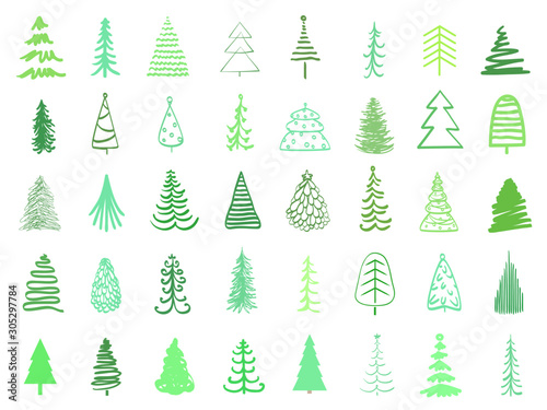 Colorful christmas trees on white. Hand drawn holiday сhristmas tree on isolated background