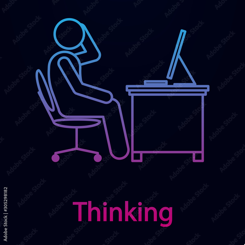 Worker is thinking nolan icon. Simple thin line, outline vector of man in the office in fron of computer icons for ui and ux, website or mobile application Worker is thinking nolan icon. Simple thin line, outline vector of man in the office in fron of computer icons for ui and ux, website or mobile application