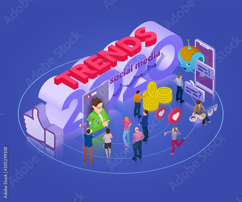 Trends in social network 2020. Flat 3d isometric banner. Chatbot, video broadcast, stories, SMM promotion, online analytics. Inspiration concept template layout, diagram. Vector illustration.