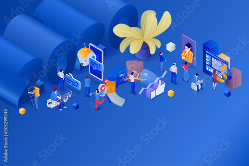 Social networks trends 2020. Dialogue with chat bot. Live broadcast. Earnings in social media. Opinion experts. Stories. Statistics and analytics. 3d isometric promotion vector illustration