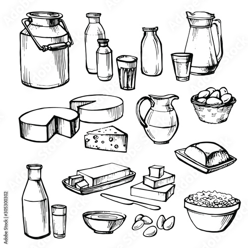 Milk and farm product. Set of hand drawn vector elements.