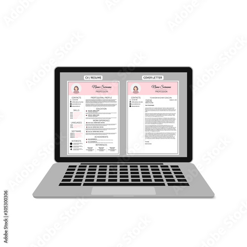 Resume template on laptop screen. Female CV and cover letter. Minimalistic curriculum vitae design. Employment, recruitment, human resources management or hiring concept vector illustration.