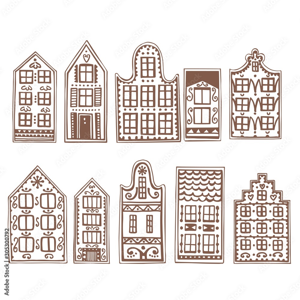 Hand drawn gingerbread houses. Vector sketch illustration.