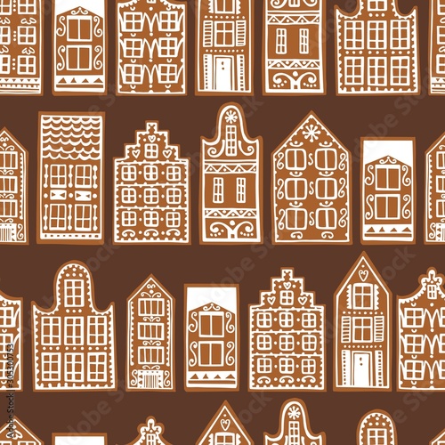 Hand drawn gingerbread houses. Vector  seamless pattern.