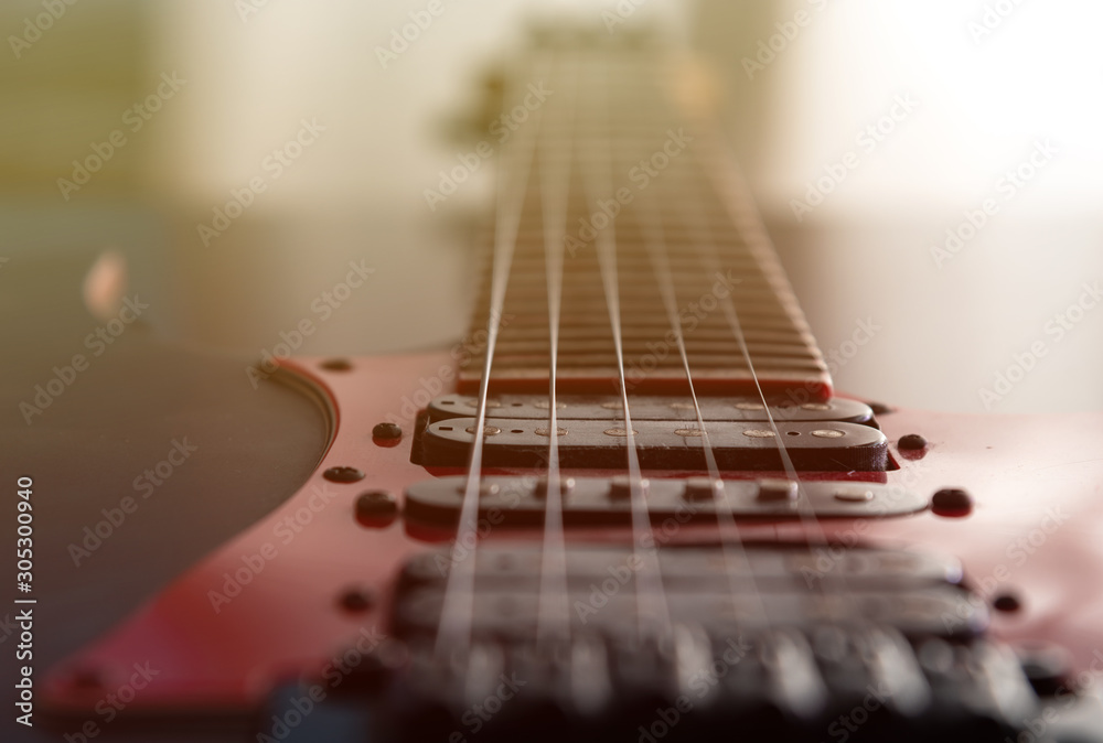 Fototapeta premium Close up electric guitar stings and magnets, soft focus, shallow depth of field.