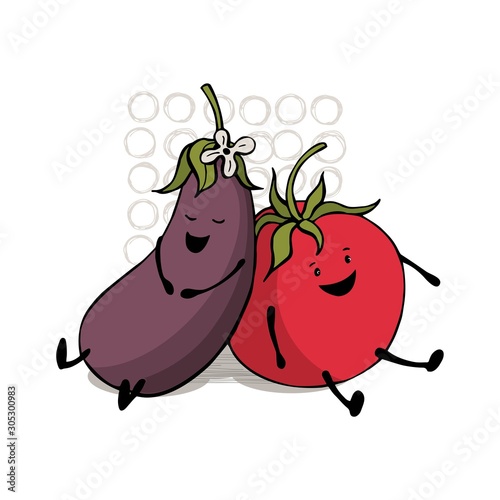 Cute  tomato and eggplant in cartoon style. Vector sketch illustration.