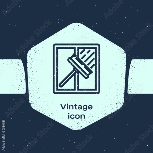 Grunge line Cleaning service with of rubber cleaner for windows icon isolated on blue background. Squeegee, scraper, wiper. Monochrome vintage drawing. Vector Illustration