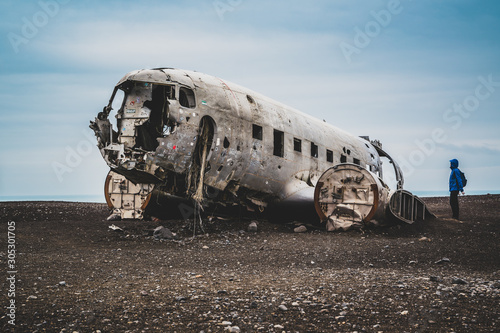 Plane wreck on Solheimasandur. Crash of a DC3. Blue sky.