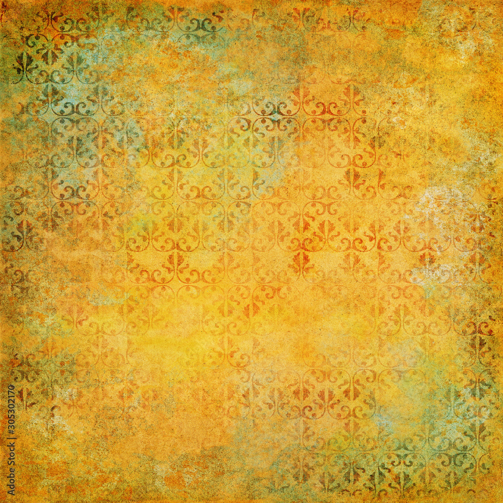 Weathered wallpaper with rusty damask pattern