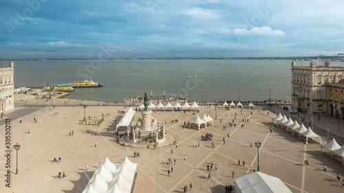 Aerial view over Commerce Square in Lisbon called Praca do Comercio - the central market square - Time Lapse