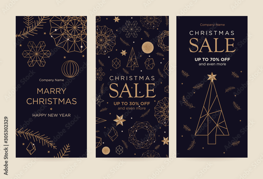 A set of greeting card with snowflakes and festive decor. Linear golden Christmas snowflake on a black background. New Year's design template. Vector flat. Vertical format