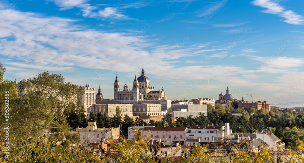 Image of Madrid skyline with Santa Maria la Real de La Almudena Cathedral and the Royal Palace